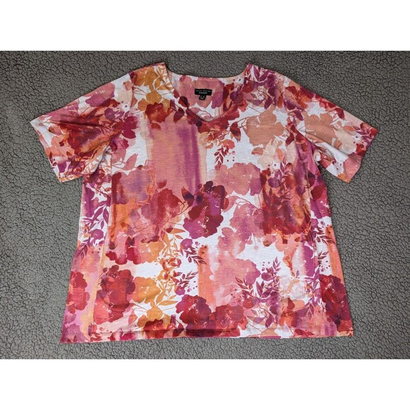 Susan Graver Weekend Top Size 2X Pink Red Stretch Floral Womens Cozy Pockets - Picture 4 of 12
